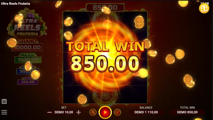Ultra Reels Fruteria - layar akhir dengan hadiah yang dikumpulkan